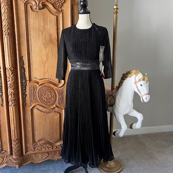 NWT Mac Duggal 30750 Size 6 Black Shimmering 3/4 Sleeve A-line Midi Dress - Picture 13 of 15